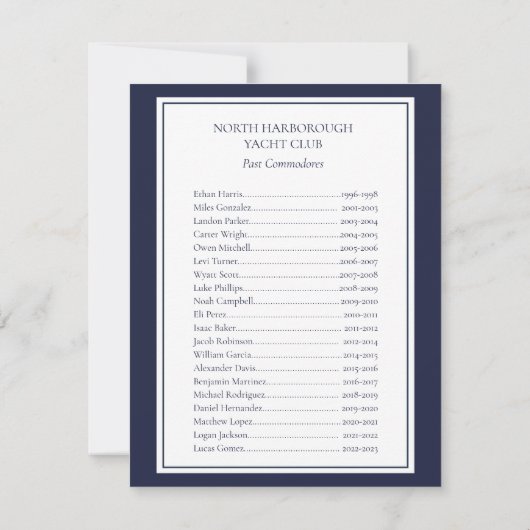 Yacht Club Nauavy Blue Menu Programm (Rückseite)