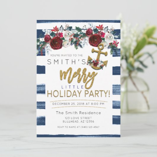 Yacht Holiday Party Schöne Weihnachtsstreifen Einladung (Stehend Vorderseite)