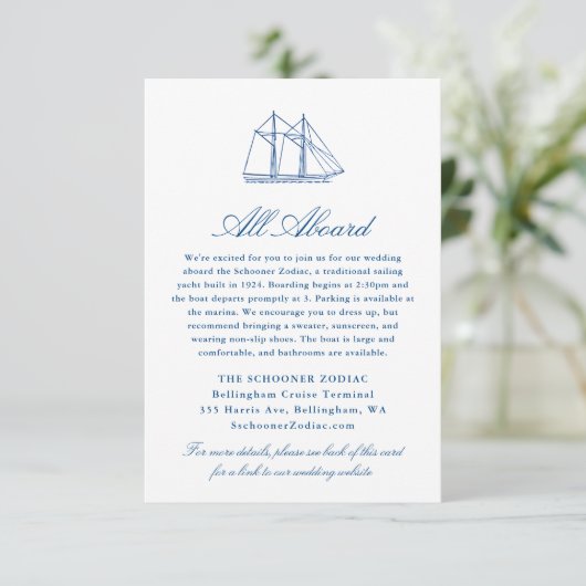 Yacht Wedding Details Schooner Zodiac Begleitkarte (Stehend Vorderseite)