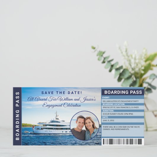 Yachting Engagement Party Einladung Boarding Pass (Stehend Vorderseite)