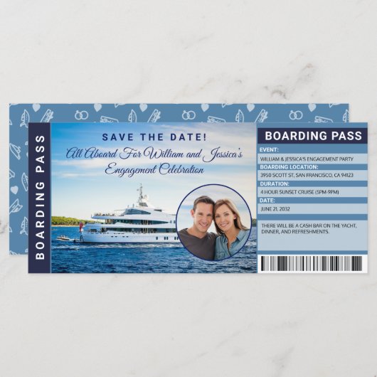Yachting Engagement Party Einladung Boarding Pass (Vorne/Hinten)