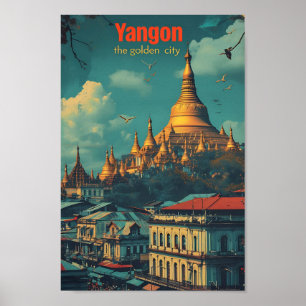 Yangon Myanmar Vintag Art Travel Illustration Poster