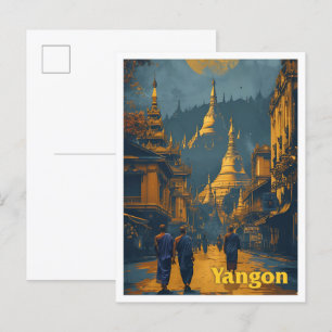 Yangon Myanmar Vintag Art Travel Illustration Postkarte