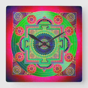 YANTRA - the great wheel - green pink Quadratische Wanduhr