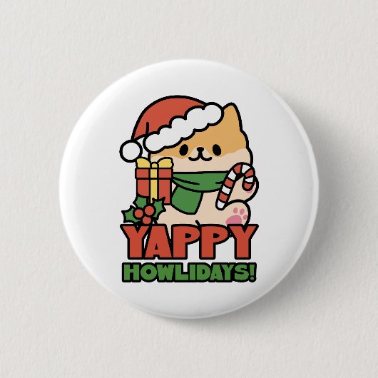 Yappy Howlidays - Niedlicher Cartoon für Weihnacht Button (Vorderseite)