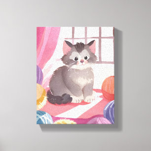 Yarn Ball Kitten   Cat Watercolor-Malerei Leinwanddruck