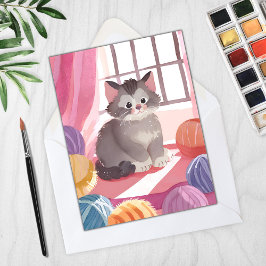 Yarn Ball Kitten | Cat Watercolor Painting Card
