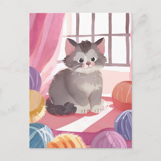 Yarn Ball Kitten | Cat Watercolor Postcard Postkarte (Vorderseite)