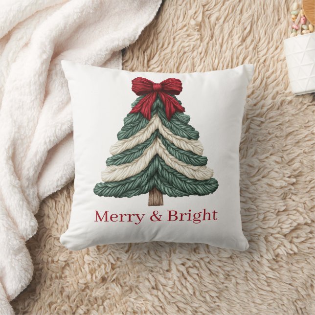 Yarn Faux Embroidery Christmas Tree Merry Bright Kissen (Decke)