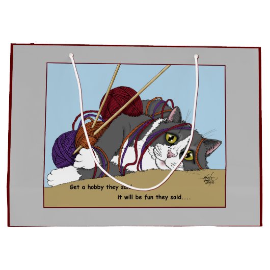 Yarn Knitting Funny Cat Große Geschenktüte (Rückseite)