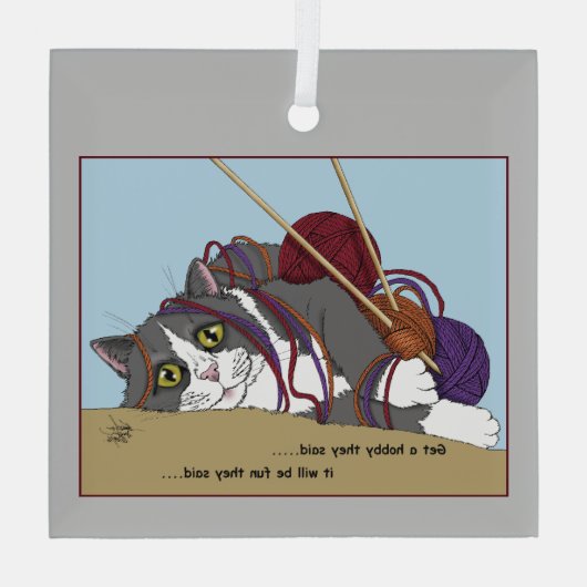 Yarn Knitting Funny Cat Ornament Aus Glas (Rückseite)