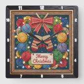 Yarn Wreath Knitting Merry Christmas Quadratische Wanduhr (Vorderseite)