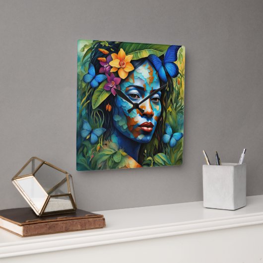 "Yarumi" Orchid Spirit - Frauen in Amazonien Quadratische Wanduhr (Büro)