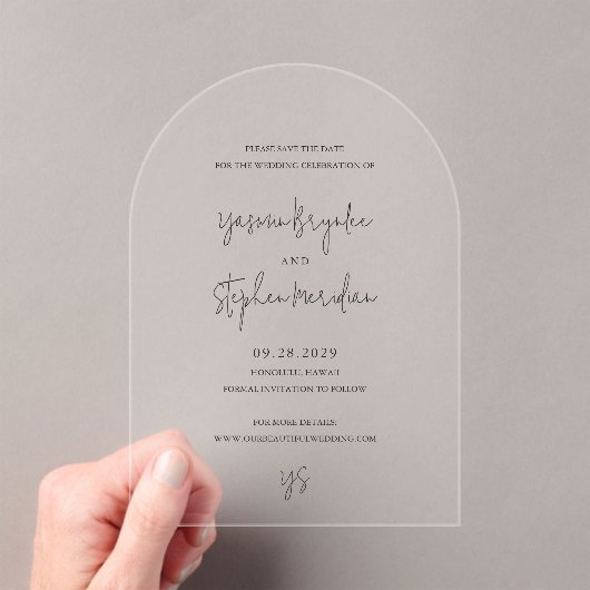 Yasmin Moderne Hochzeit Save the Date Acryleinladungen (Insitu (Handheld))