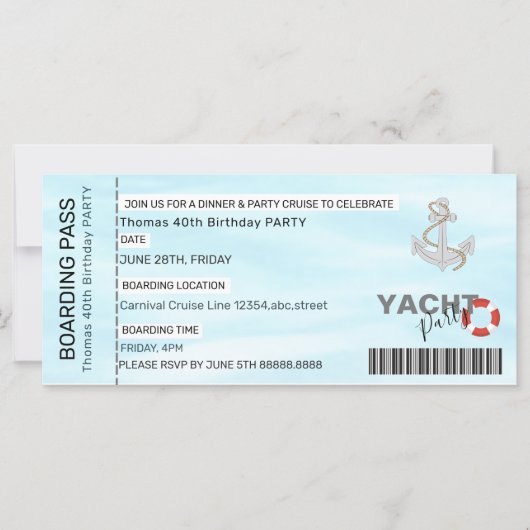 YATCH Party BOOT PARTY BOARDING PASS (Vorderseite)