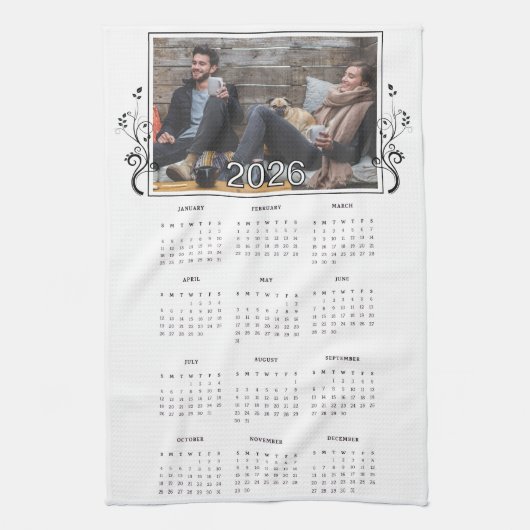 Year 2026 Photo Calendar with Foliage Geschirrtuch (Vertikal)