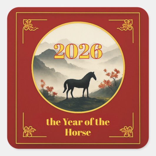 Year of the Horse 2026 Chinese New Year Mountain  Quadratischer Aufkleber (Vorderseite)