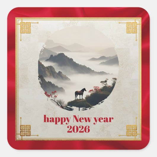 Year of the Horse 2026 Chinese New Year Mountain  Quadratischer Aufkleber (Vorderseite)
