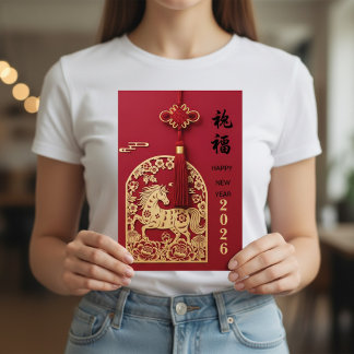 Year of the Horse 2026 Chinese New Year Red Gold Feiertagskarte