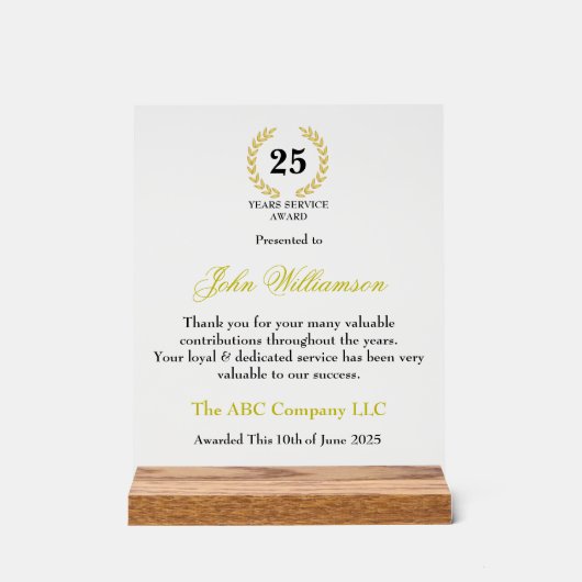 Years Services Award Acrylschild (Vorderseite)