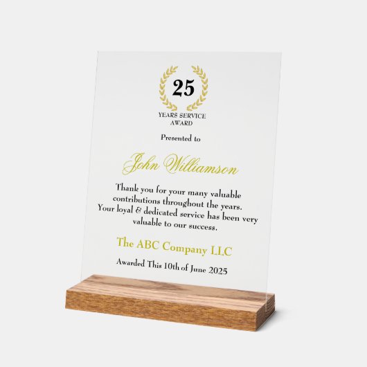 Years Services Award Acrylschild (Winkel)