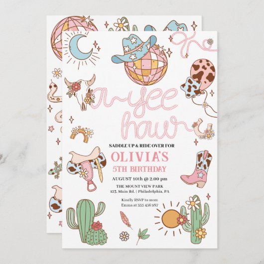 Yeas Girl Birthday Disco Rodeo Party Save The Date (Vorne/Hinten)