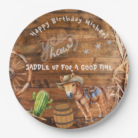 Yee Haw Cowboy Rodeo Sattel up Paper Plate Pappteller (Vorderseite)