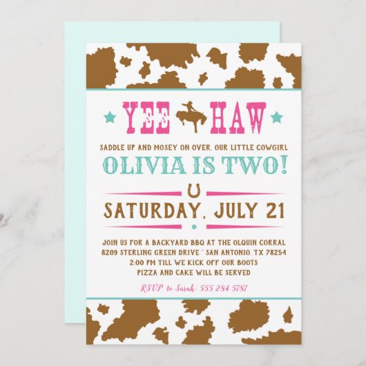 Yee Haw Rodeo Cowgirl Einladung (Vorne/Hinten)