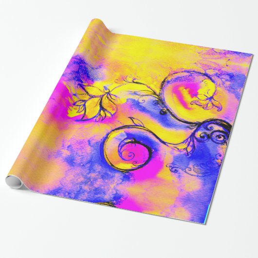 YELLLOW BLAUE PINK WHIMSICAL BLUME Fantasy Floral Geschenkpapier (Ungerollt)