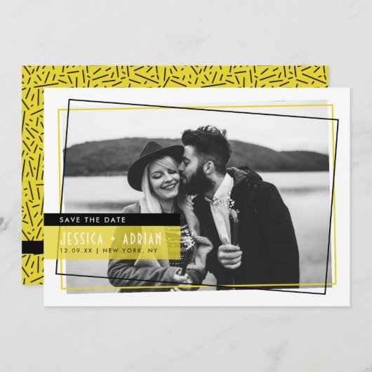 Yello & Black Abstrakt Frame Foto Save the Date (Vorne/Hinten)