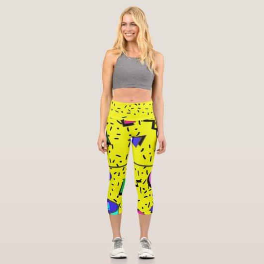 Yellow 80er Memphis Abstrakt Style Retro Nahtlos Capri Leggings (Vorderseite)