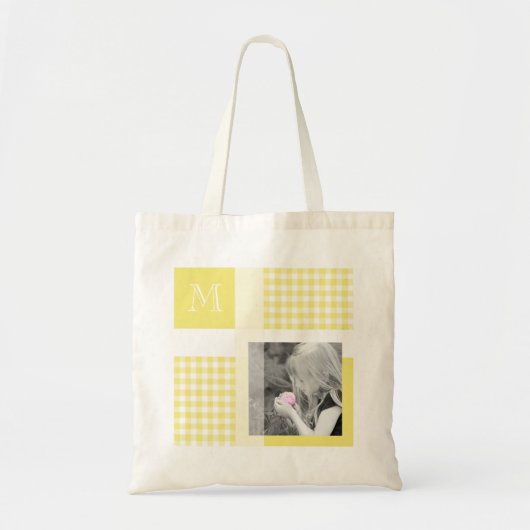 Yellow Add Your Foto Gingham Modern Monogram Tragetasche (Vorne)