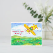 Yellow Airplane Happy Birthday Individuelle Name Postkarte (Stehend Vorderseite)