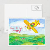 Yellow Airplane Happy Birthday Individuelle Name Postkarte (Vorne/Hinten)