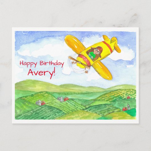 Yellow Airplane Happy Birthday Individuelle Name Postkarte (Vorderseite)