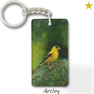 Yellow American Goldfinch Bird Painting Initials Schlüsselanhänger
