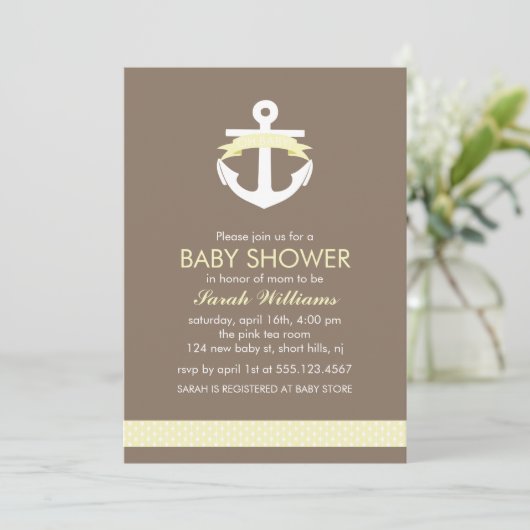 Yellow Anchor Nautical Baby Dusche Einladung (Stehend Vorderseite)