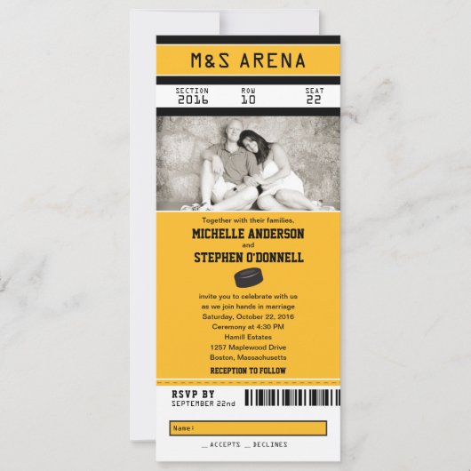 Yellow and Black Hockey Sport Ticket Hochzeit Einladung (Vorderseite)