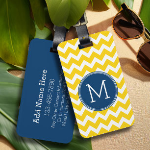 Yellow and Blue Chevron Pattern with Monogram Gepäckanhänger