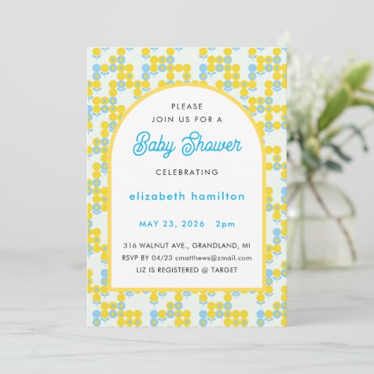Yellow and Blue Dots Modern Baby Shower Invitation Einladung (Stehend Vorderseite)