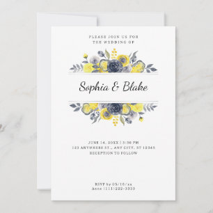 Yellow and Blue Floral Frame White Wedding Einladung