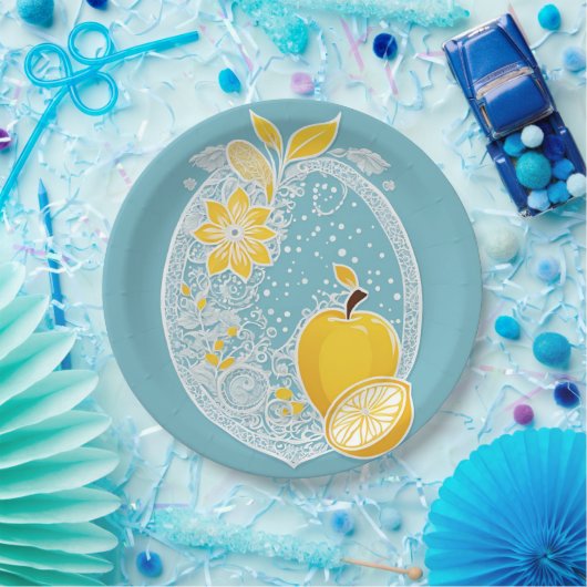 Yellow and blue fruit patterns AI art Pappteller (Party)