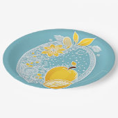 Yellow and blue fruit patterns AI art  Pappteller (Schrägansicht)