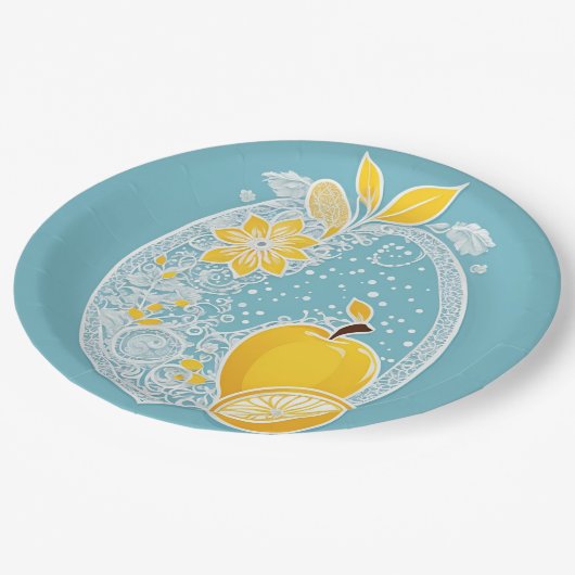 Yellow and blue fruit patterns AI art  Pappteller (Schrägansicht)