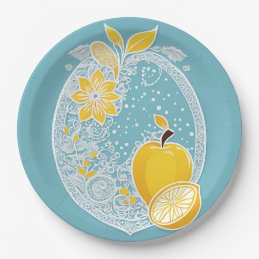 Yellow and blue fruit patterns AI art  Pappteller (Vorderseite)