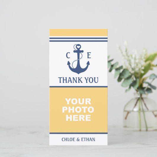 Yellow and Blue Nautic Foto Vielen Dank Dankeskarte (Stehend Vorderseite)