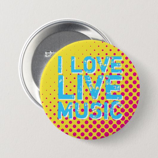 Yellow and Blue Retro Halftone I Liebe Music Butto Button (Vorne & Hinten)