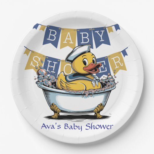 Yellow and Blue Rubber Duck Boy Baby Showdusche Pappteller (Vorderseite)