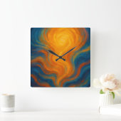 yellow and blue swirl sun Energy abstract Quadratische Wanduhr (Zuhause)