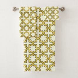 Yellow and brown geometric patterned badhandtuch set